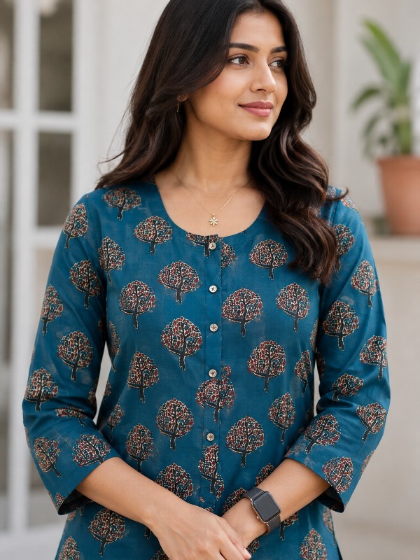 Tree Motif Front Open Kurta