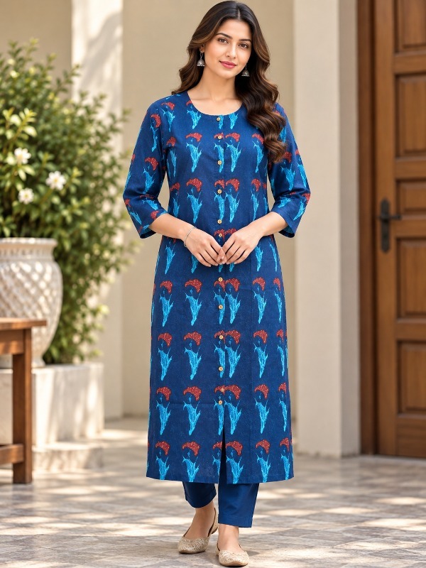 Floral Stem Print Printed Front Open Kurta