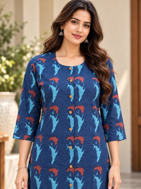 Floral Stem Print Printed Front Open Kurta