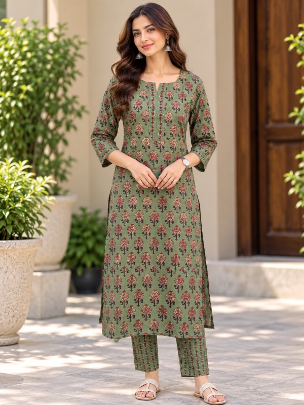 Olive petal Printed Kurta Set
