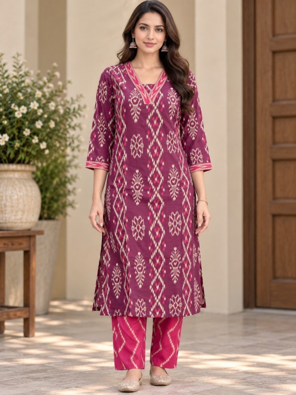 Plum Ikkat Printed Kurta set