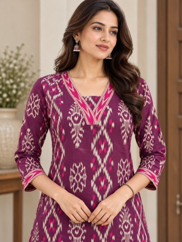 Plum Ikkat Printed Kurta set